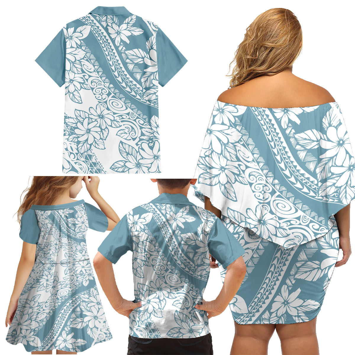 Polynesia Family Matching Off Shoulder Short Dress and Hawaiian Shirt Polynesian Tropical Flowers Blue Pastel Vibes - Shopicos