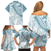 Polynesia Family Matching Off Shoulder Short Dress and Hawaiian Shirt Polynesian Tropical Flowers Blue Pastel Vibes - Shopicos