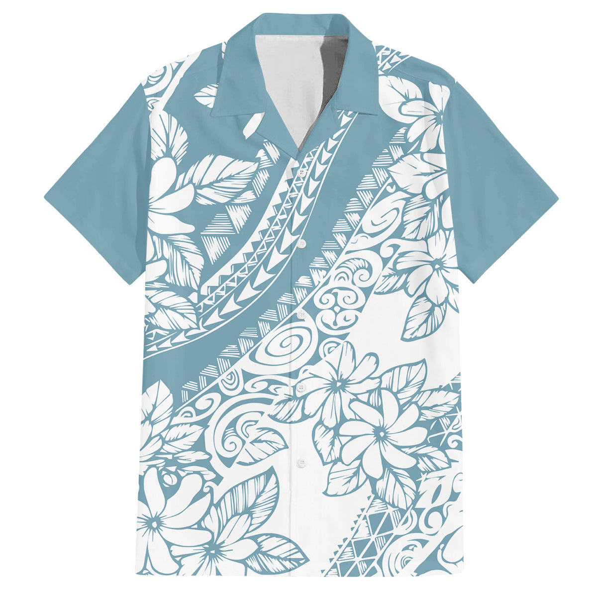 Polynesia Family Matching Off Shoulder Short Dress and Hawaiian Shirt Polynesian Tropical Flowers Blue Pastel Vibes - Shopicos