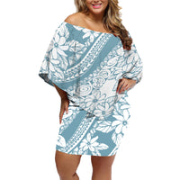 Polynesia Family Matching Off Shoulder Short Dress and Hawaiian Shirt Polynesian Tropical Flowers Blue Pastel Vibes - Shopicos
