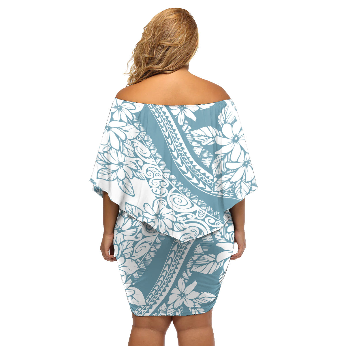 Polynesia Family Matching Off Shoulder Short Dress and Hawaiian Shirt Polynesian Tropical Flowers Blue Pastel Vibes - Shopicos