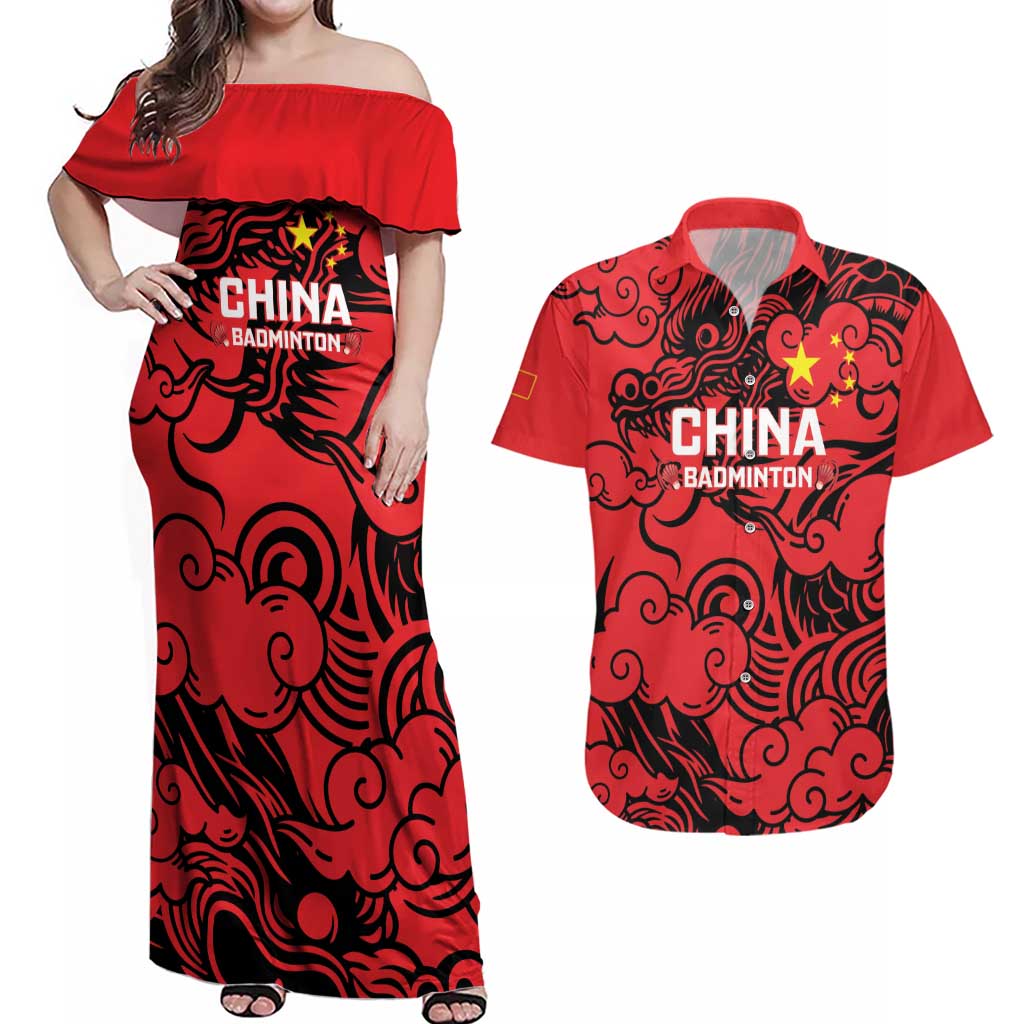 Personalised China Badminton Couples Matching Off Shoulder Maxi Dress and Hawaiian Shirt 2024 Chinese Dragon Version - Shopicos