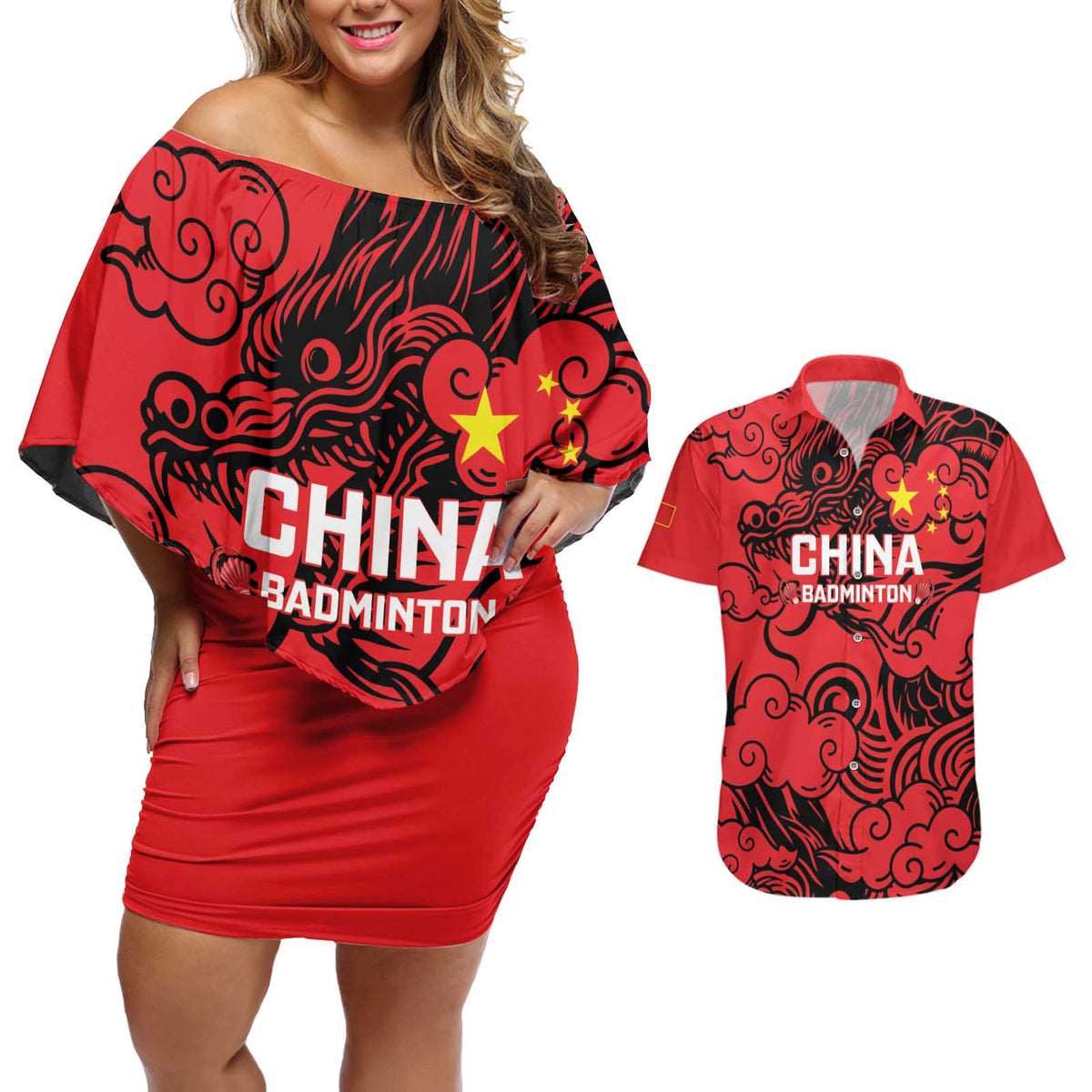 Personalised China Badminton Couples Matching Off Shoulder Short Dress and Hawaiian Shirt 2024 Chinese Dragon Version - Shopicos