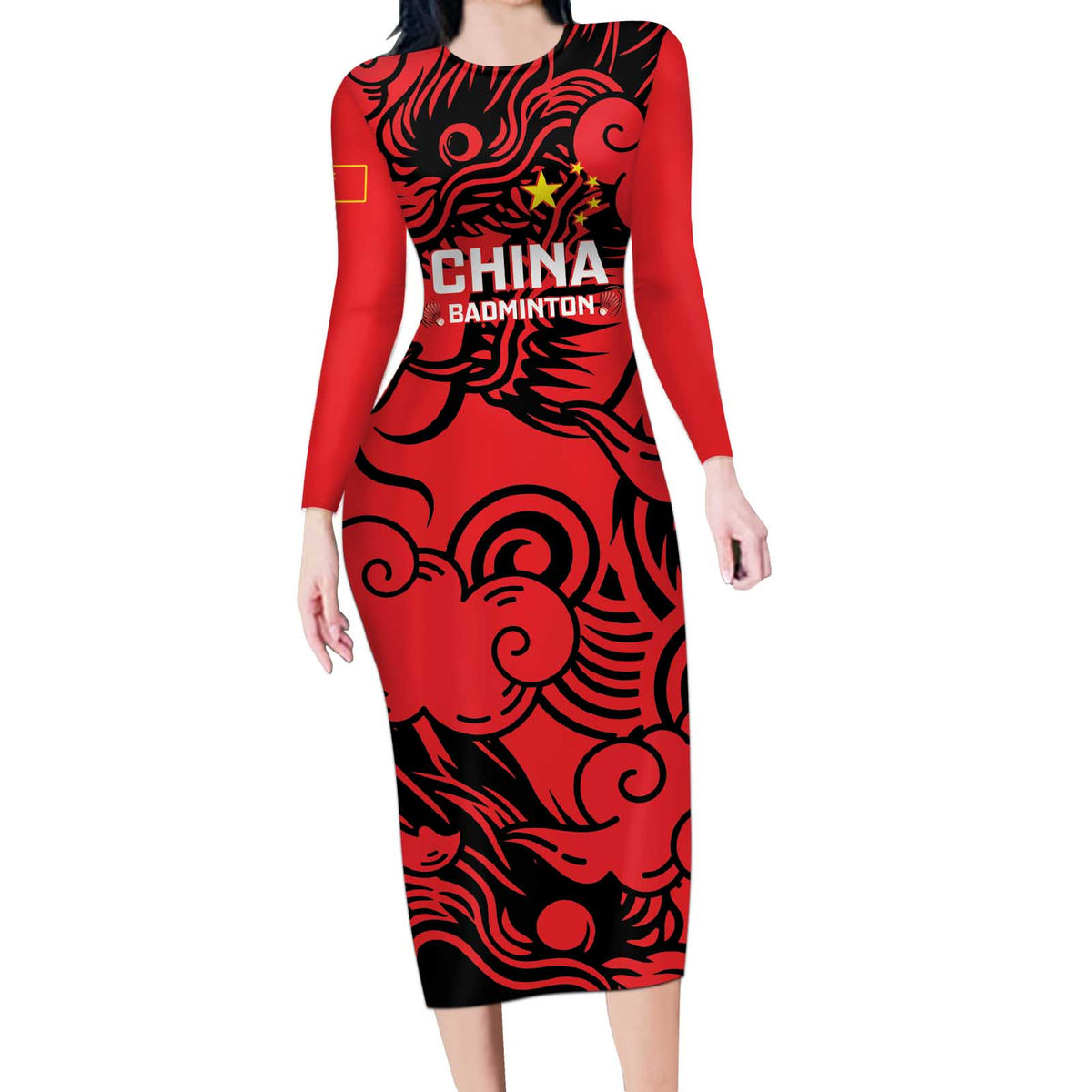 Personalised China Badminton Long Sleeve Bodycon Dress 2024 Chinese Dragon Version - Shopicos