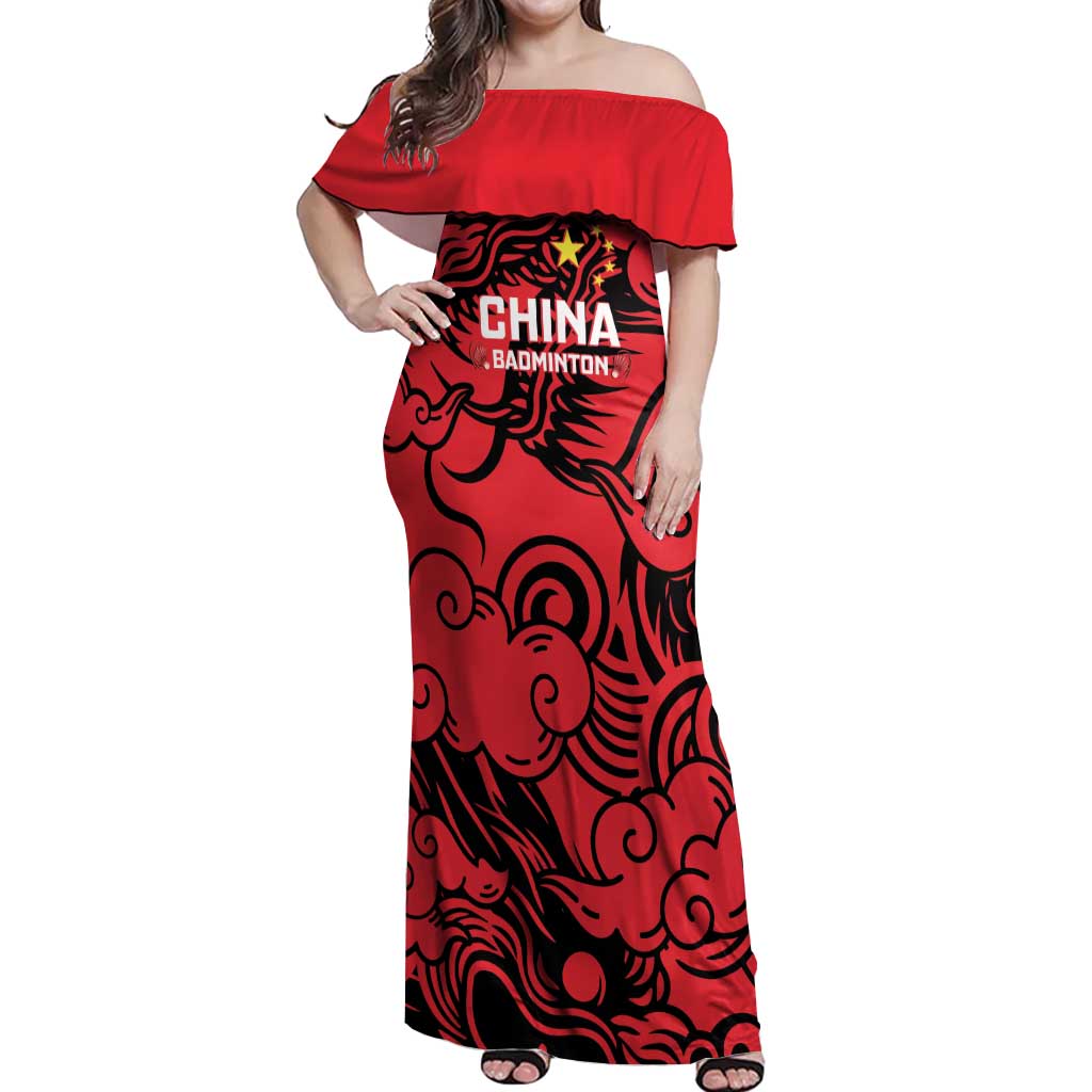 Personalised China Badminton Off Shoulder Maxi Dress 2024 Chinese Dragon Version - Shopicos