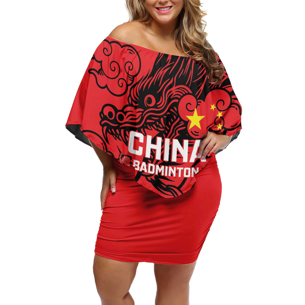 Personalised China Badminton Off Shoulder Short Dress 2024 Chinese Dragon Version - Shopicos