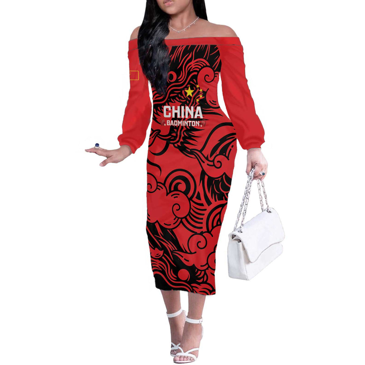 Personalised China Badminton Off The Shoulder Long Sleeve Dress 2024 Chinese Dragon Version - Shopicos