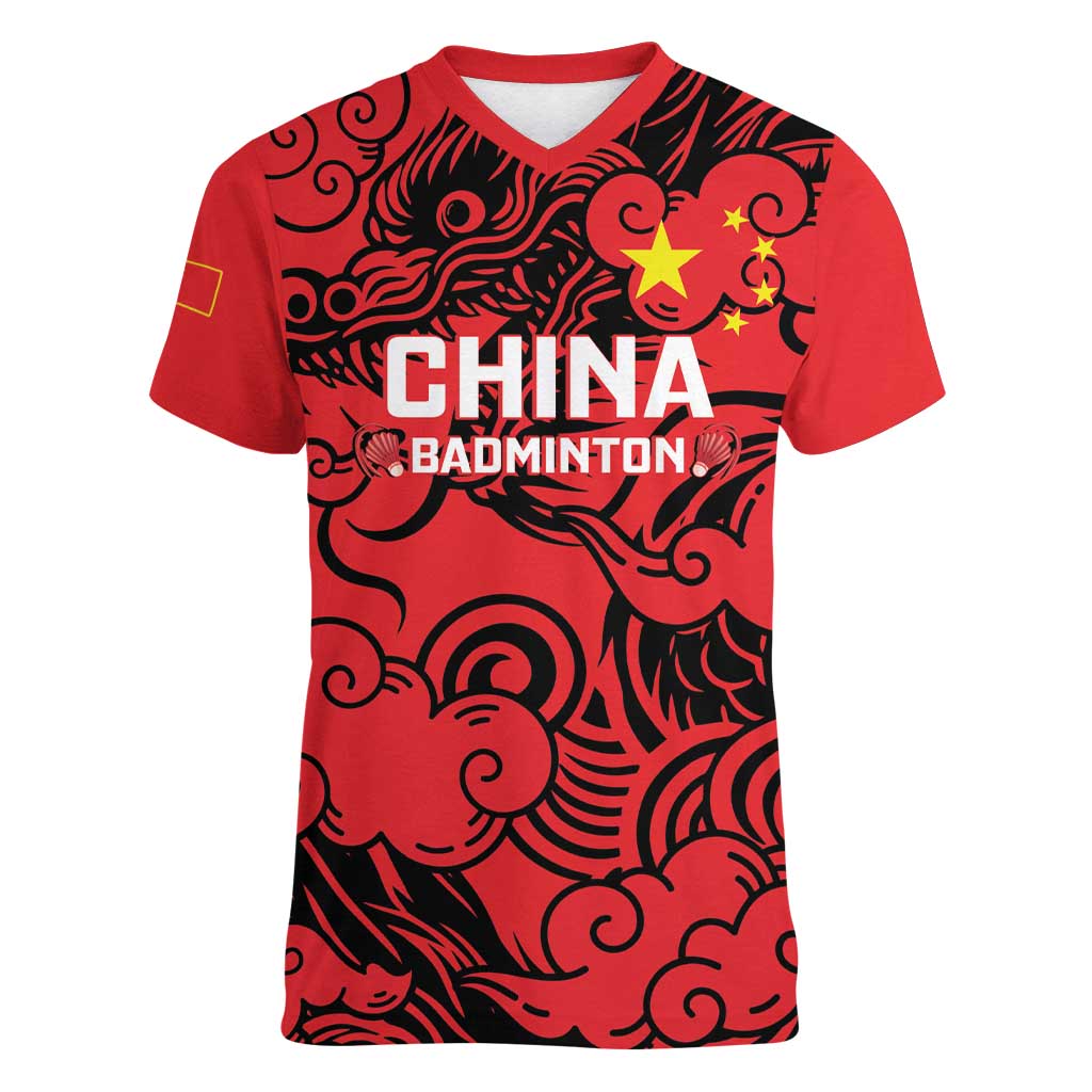 Personalised China Badminton Women V-Neck T-Shirt 2024 Chinese Dragon Version - Shopicos