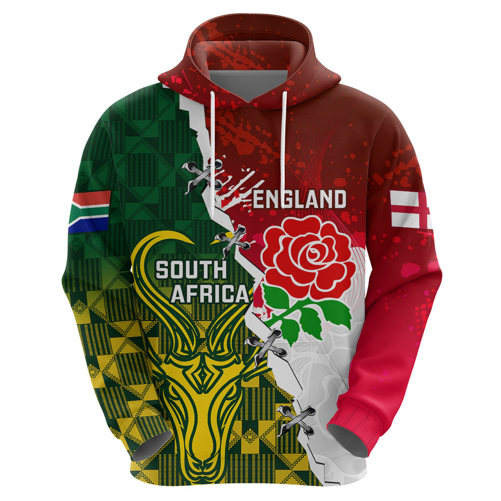 Personalised South Africa And England Rugby Hoodie 2023 Springboks Combine Red Roses Sporty Style - Shopicos