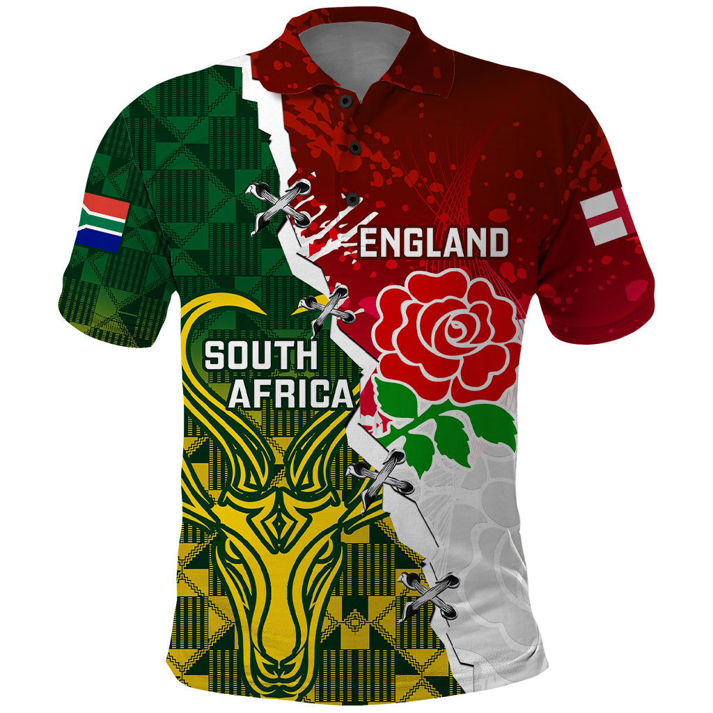 Personalised South Africa And England Rugby Polo Shirt 2023 Springboks Combine Red Roses Sporty Style - Shopicos