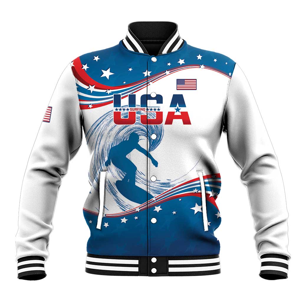 Personalized USA Surfing Baseball Jacket 2024 United States Flag Curve Style - Shopicos