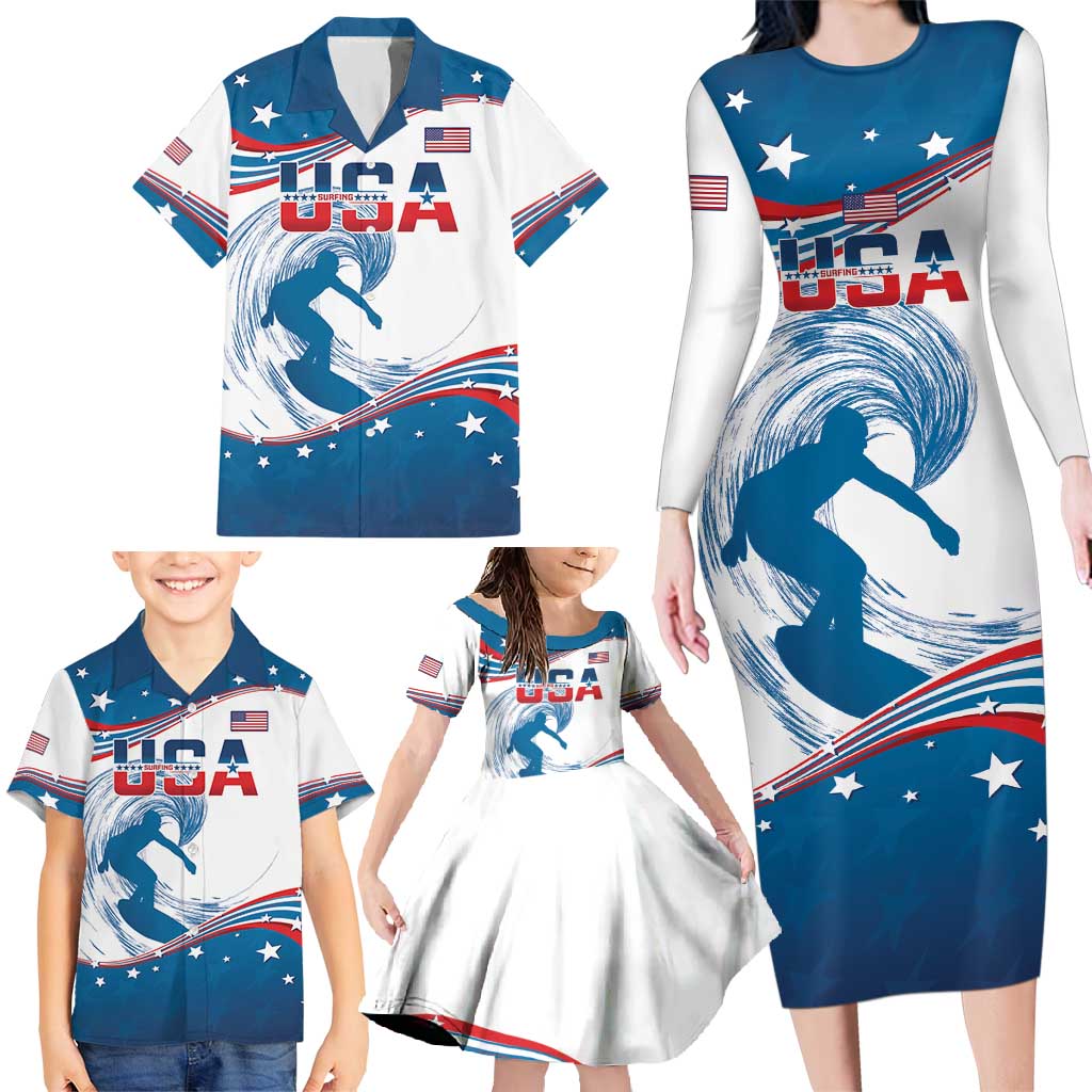 Personalized USA Surfing Family Matching Long Sleeve Bodycon Dress and Hawaiian Shirt 2024 United States Flag Curve Style - Shopicos