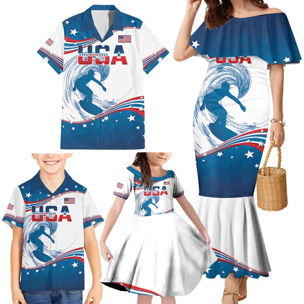 Personalized USA Surfing Family Matching Mermaid Dress and Hawaiian Shirt 2024 United States Flag Curve Style - Shopicos