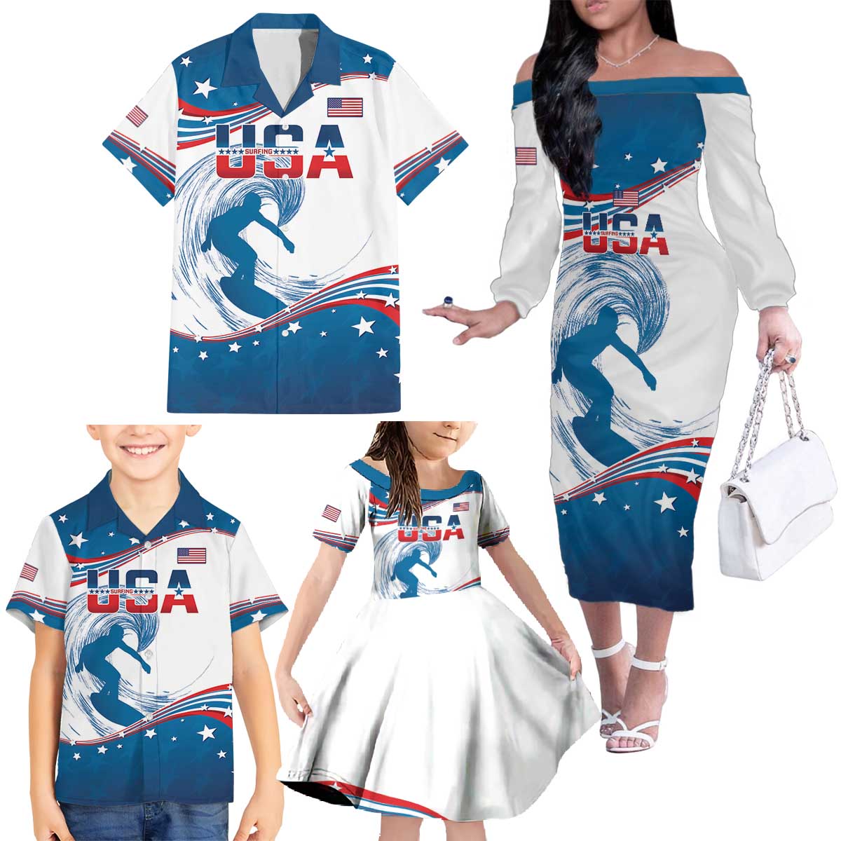 Personalized USA Surfing Family Matching Off The Shoulder Long Sleeve Dress and Hawaiian Shirt 2024 United States Flag Curve Style - Shopicos