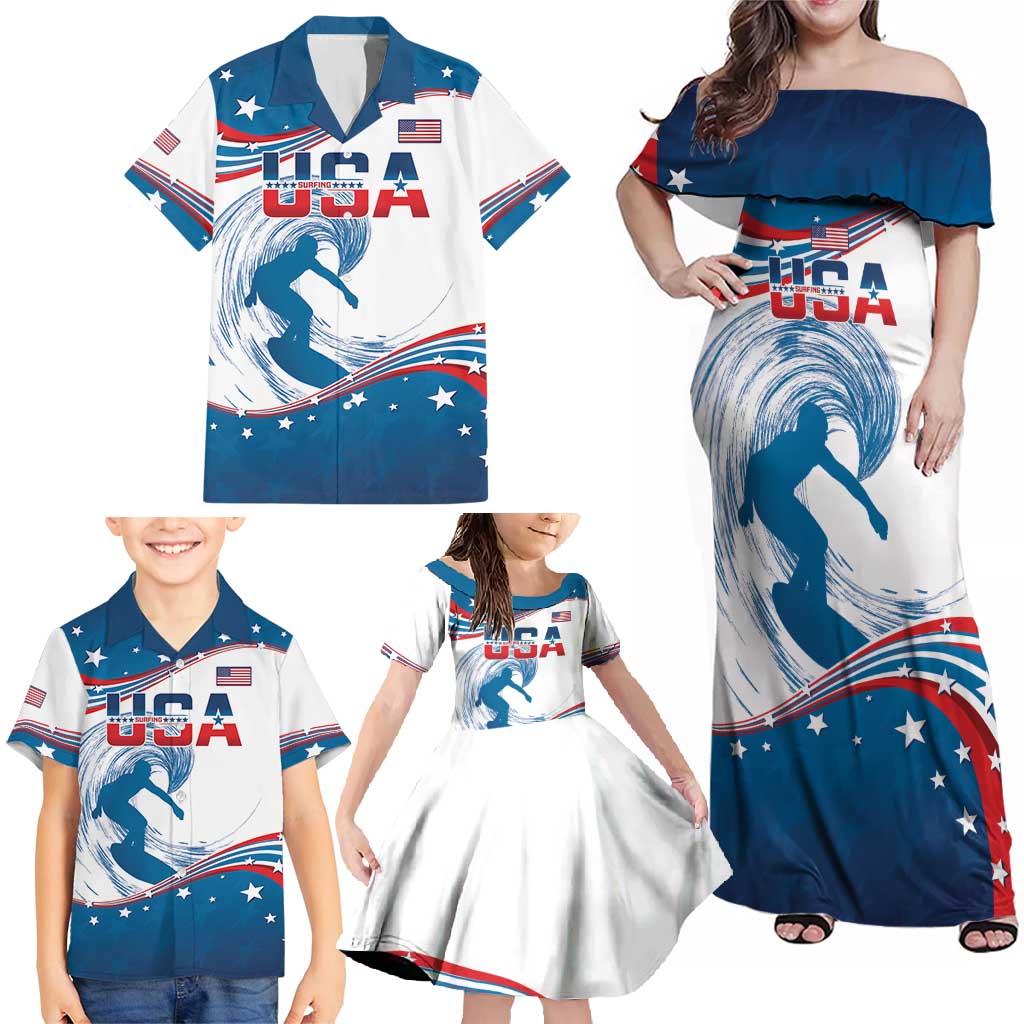 Personalized USA Surfing Family Matching Off Shoulder Maxi Dress and Hawaiian Shirt 2024 United States Flag Curve Style - Shopicos
