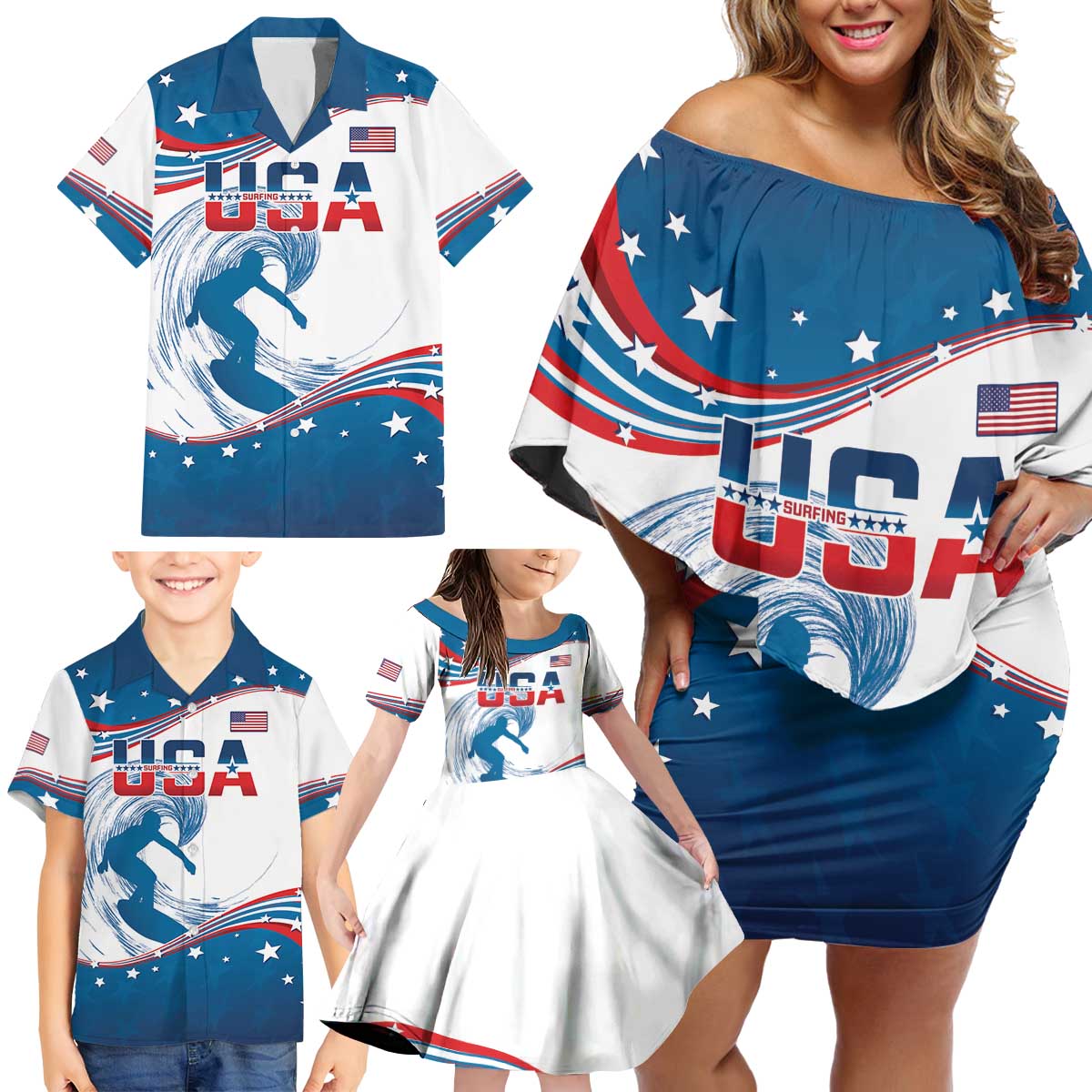 Personalized USA Surfing Family Matching Off Shoulder Short Dress and Hawaiian Shirt 2024 United States Flag Curve Style - Shopicos
