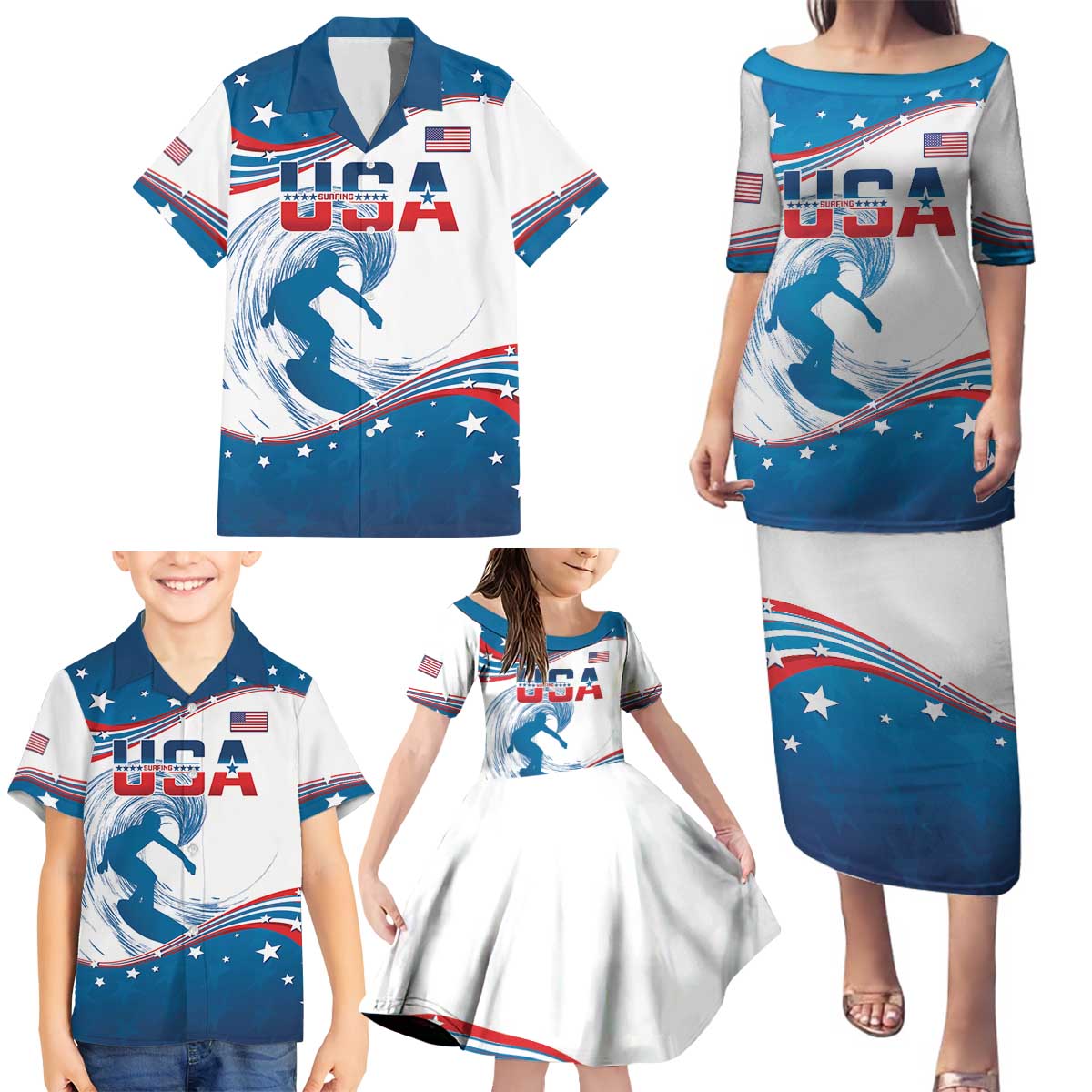 Personalized USA Surfing Family Matching Puletasi and Hawaiian Shirt 2024 United States Flag Curve Style - Shopicos