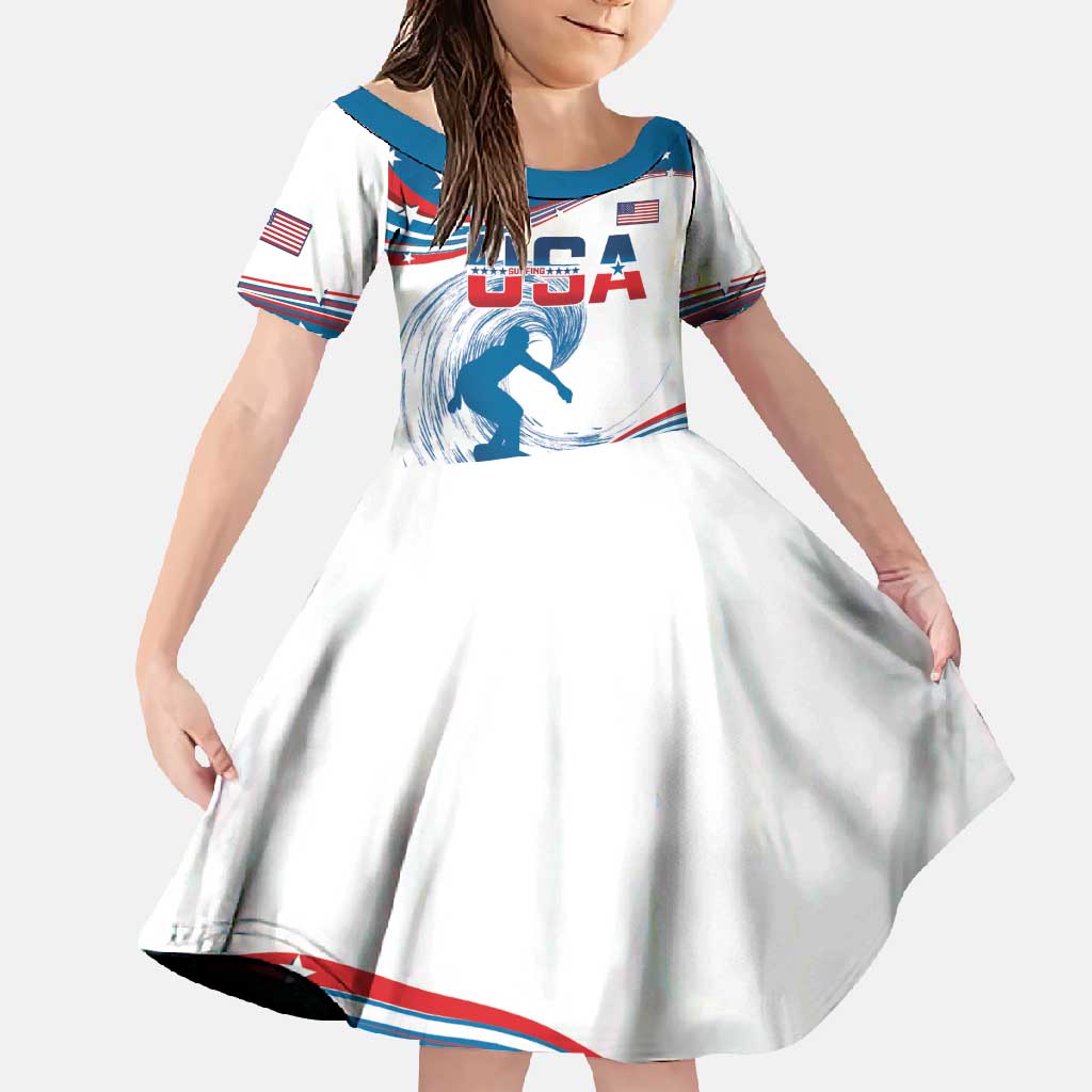 Personalized USA Surfing Family Matching Short Sleeve Bodycon Dress and Hawaiian Shirt 2024 United States Flag Curve Style - Shopicos