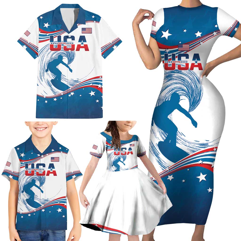 Personalized USA Surfing Family Matching Short Sleeve Bodycon Dress and Hawaiian Shirt 2024 United States Flag Curve Style - Shopicos