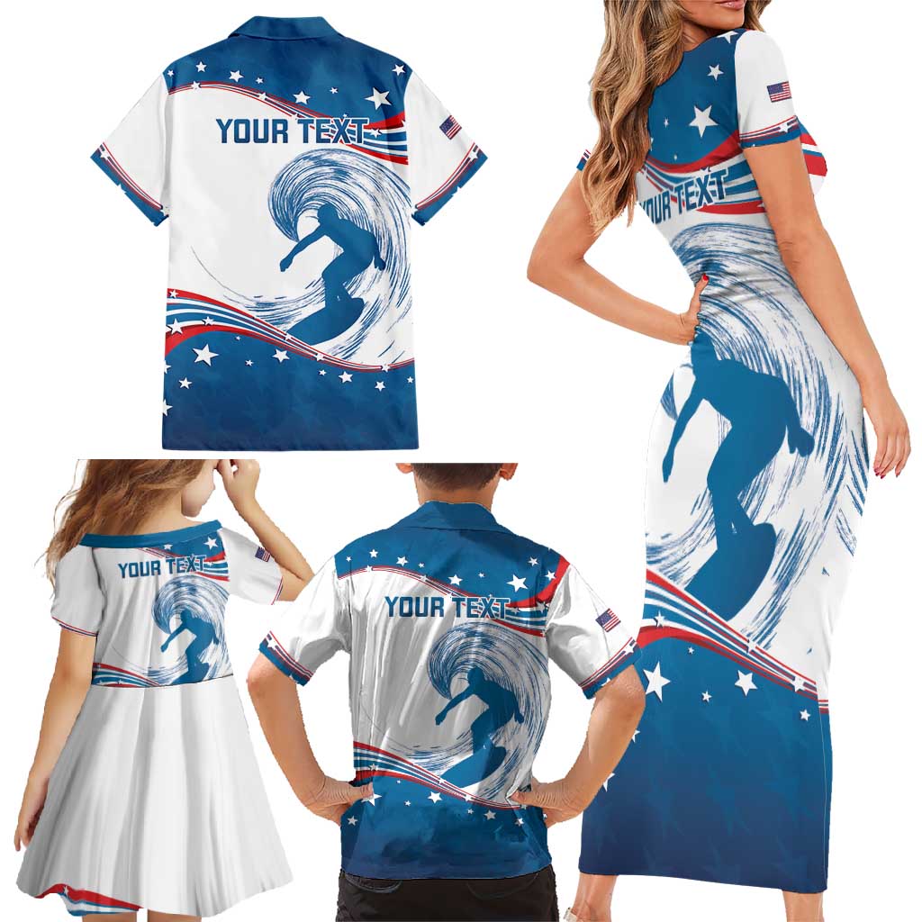 Personalized USA Surfing Family Matching Short Sleeve Bodycon Dress and Hawaiian Shirt 2024 United States Flag Curve Style - Shopicos
