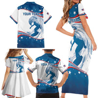 Personalized USA Surfing Family Matching Short Sleeve Bodycon Dress and Hawaiian Shirt 2024 United States Flag Curve Style - Shopicos