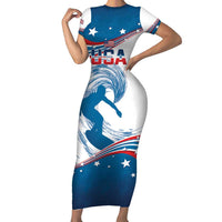 Personalized USA Surfing Family Matching Short Sleeve Bodycon Dress and Hawaiian Shirt 2024 United States Flag Curve Style - Shopicos