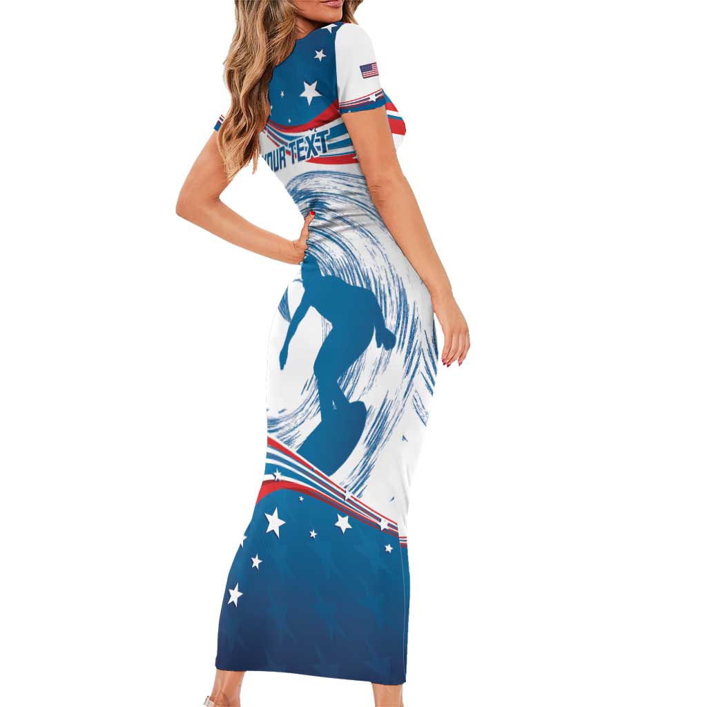 Personalized USA Surfing Family Matching Short Sleeve Bodycon Dress and Hawaiian Shirt 2024 United States Flag Curve Style - Shopicos