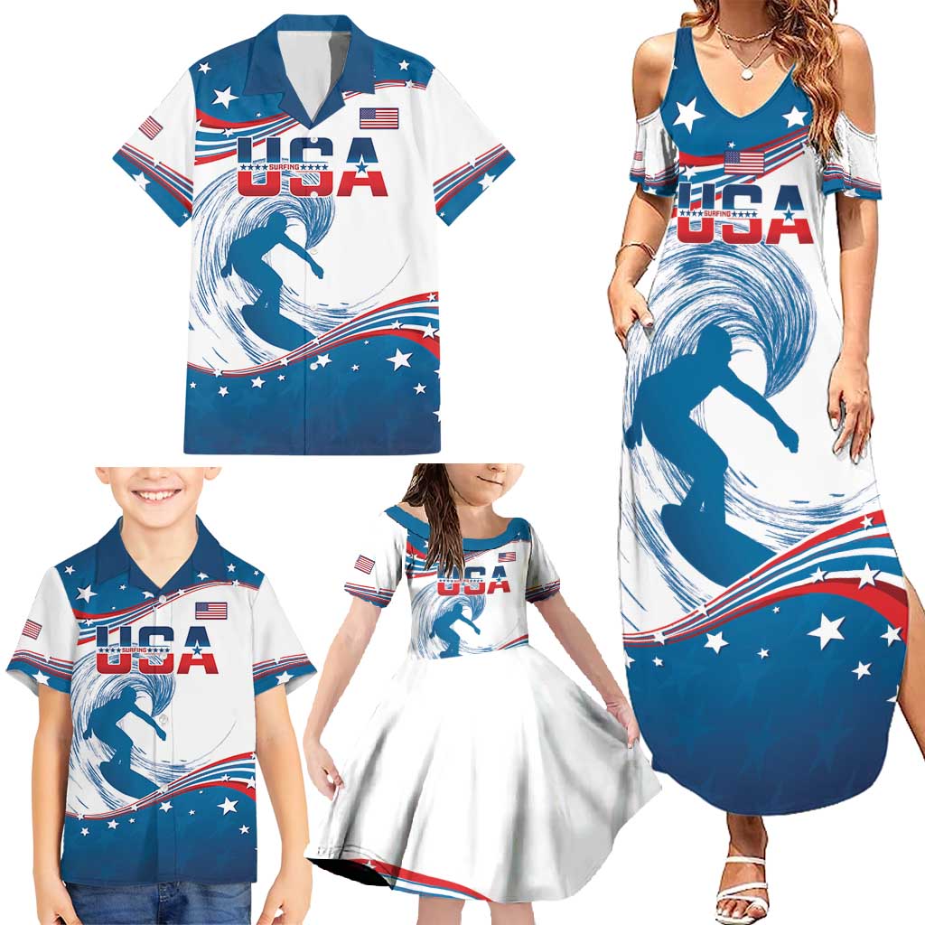 Personalized USA Surfing Family Matching Summer Maxi Dress and Hawaiian Shirt 2024 United States Flag Curve Style - Shopicos