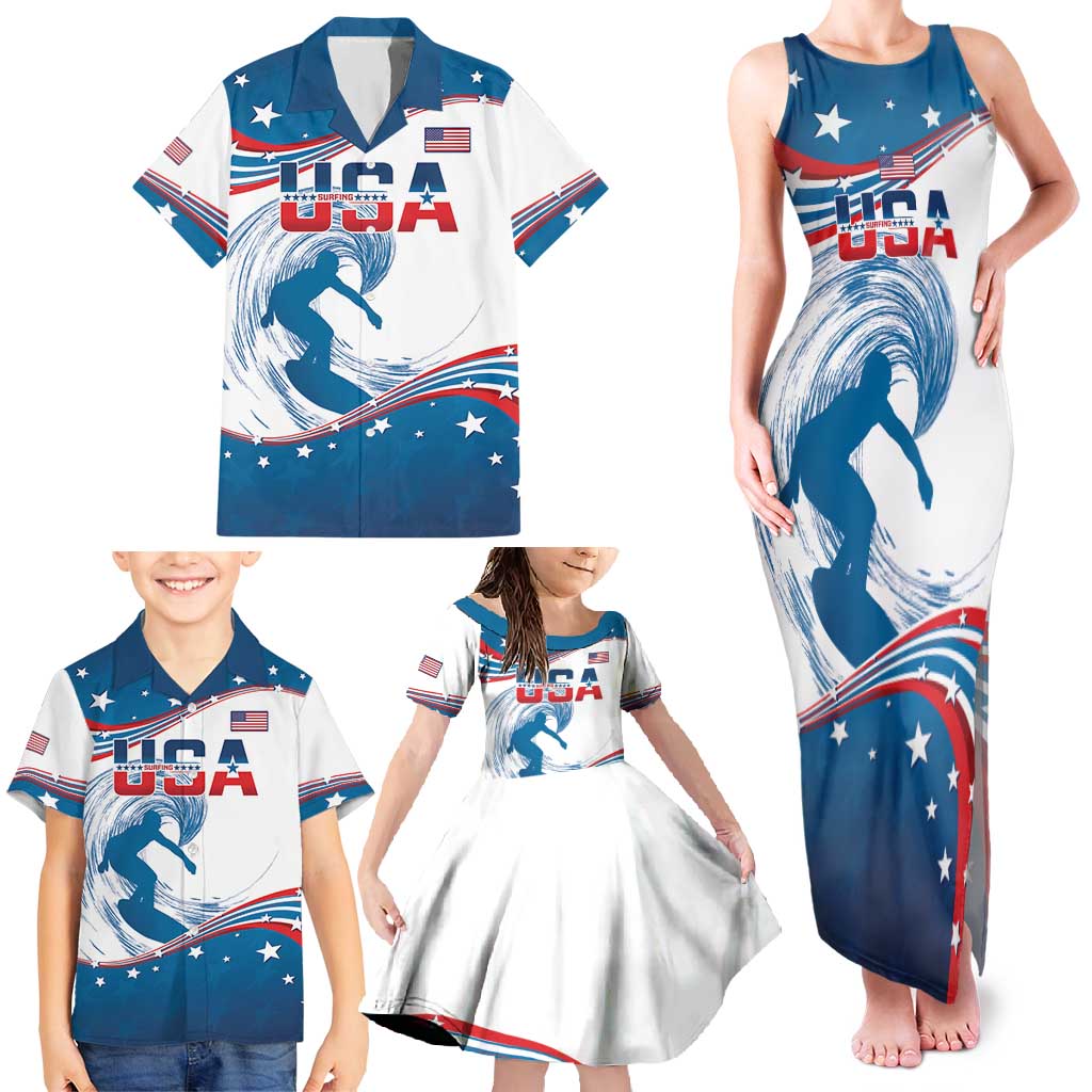 Personalized USA Surfing Family Matching Tank Maxi Dress and Hawaiian Shirt 2024 United States Flag Curve Style - Shopicos