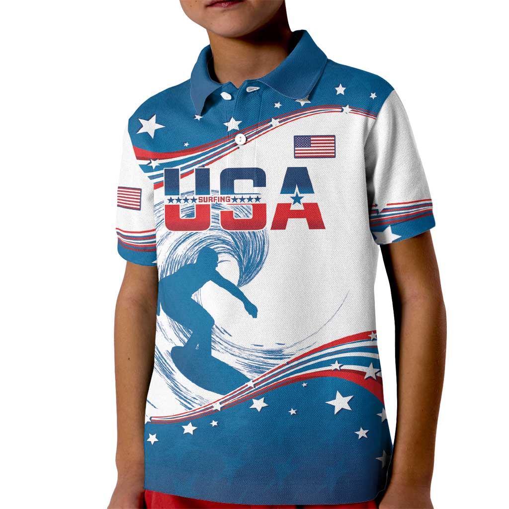 Personalized USA Surfing Kid Polo Shirt 2024 United States Flag Curve Style - Shopicos