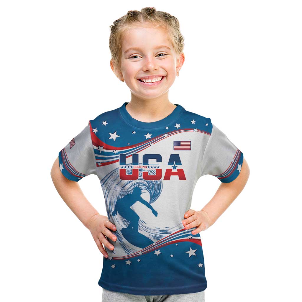 Personalized USA Surfing Kid T Shirt 2024 United States Flag Curve Style - Shopicos