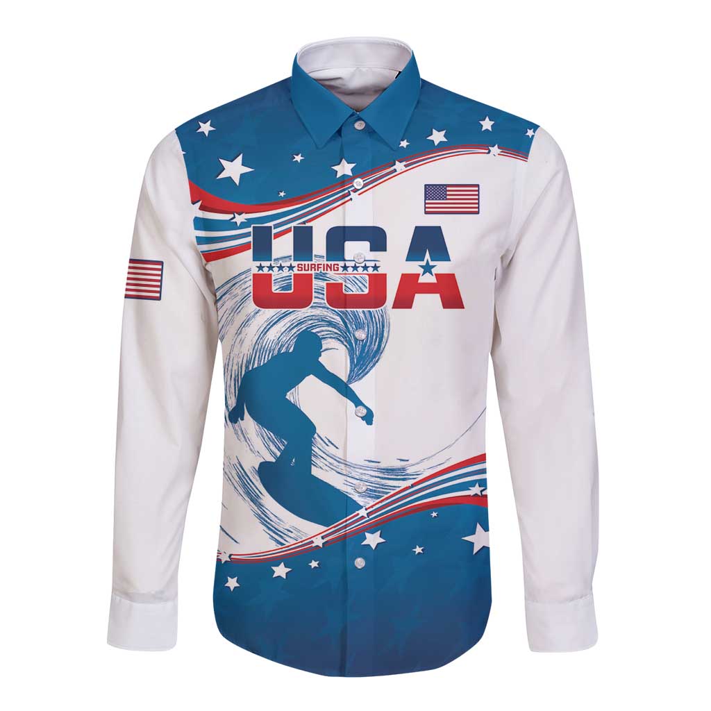 Personalized USA Surfing Long Sleeve Button Shirt 2024 United States Flag Curve Style - Shopicos