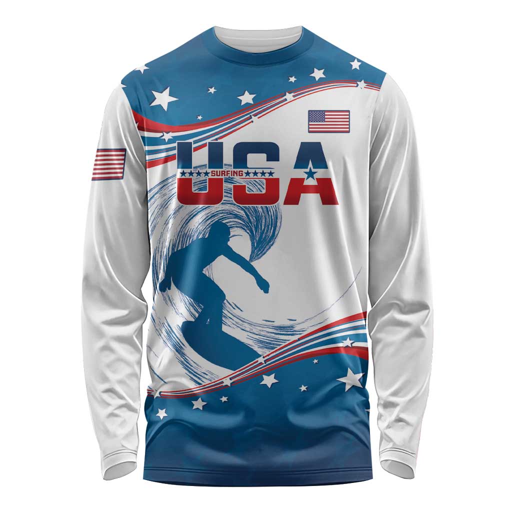Personalized USA Surfing Long Sleeve Shirt 2024 United States Flag Curve Style - Shopicos