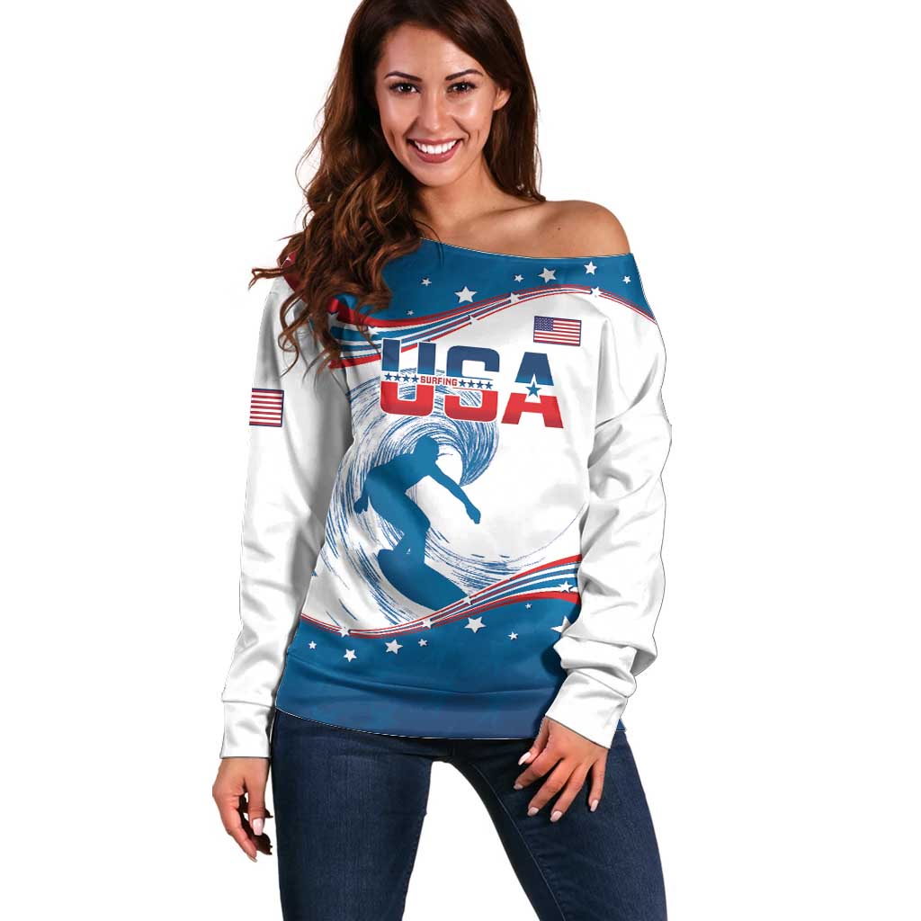 Personalized USA Surfing Off Shoulder Sweater 2024 United States Flag Curve Style - Shopicos
