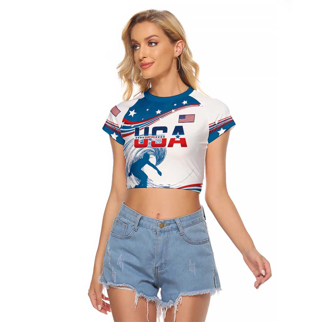 Personalized USA Surfing Raglan Cropped T Shirt 2024 United States Flag Curve Style - Shopicos