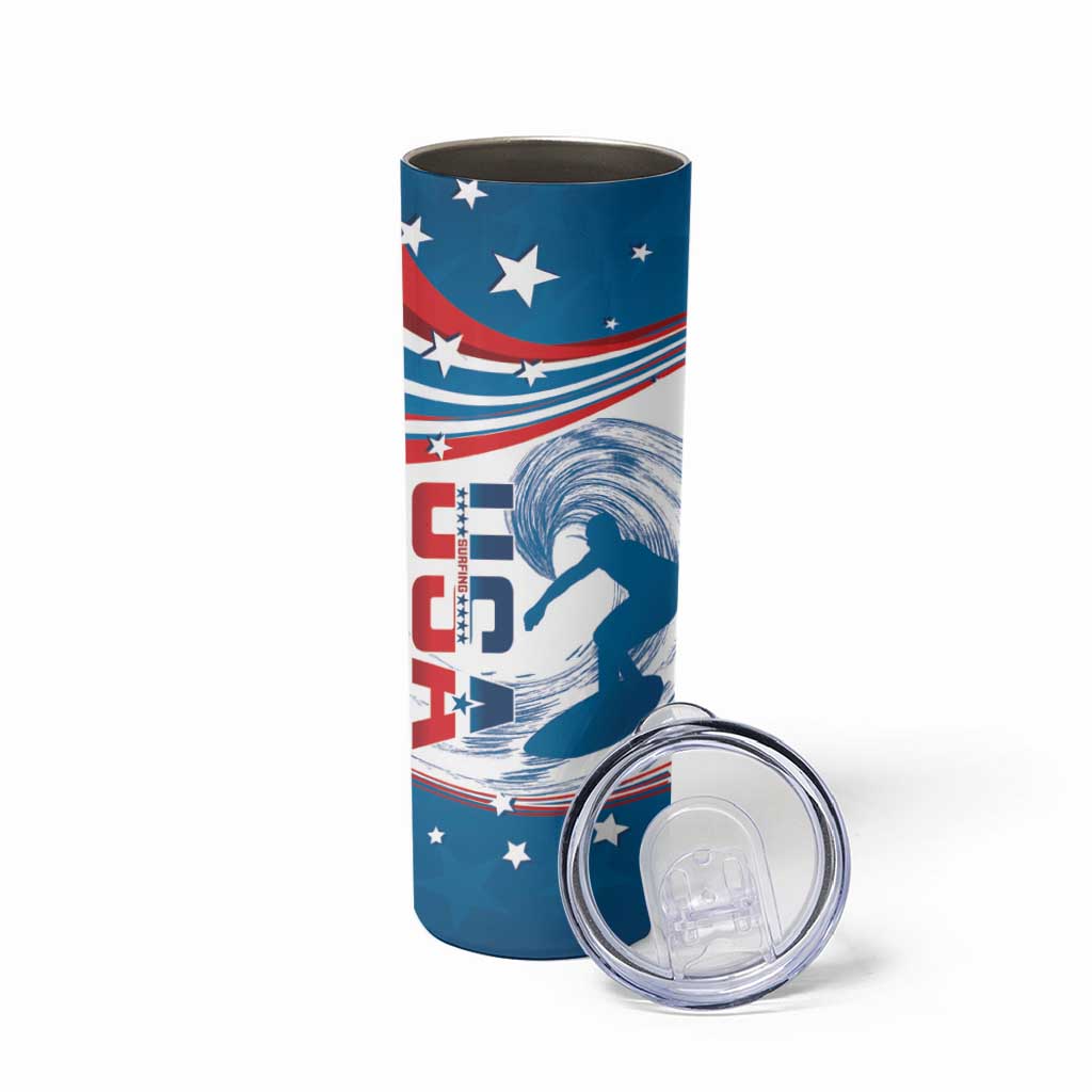 Personalized USA Surfing Skinny Tumbler 2024 United States Flag Curve Style - Shopicos