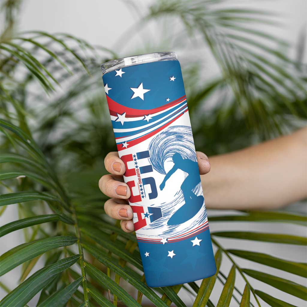 Personalized USA Surfing Skinny Tumbler 2024 United States Flag Curve Style - Shopicos