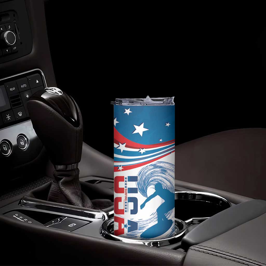 Personalized USA Surfing Skinny Tumbler 2024 United States Flag Curve Style - Shopicos