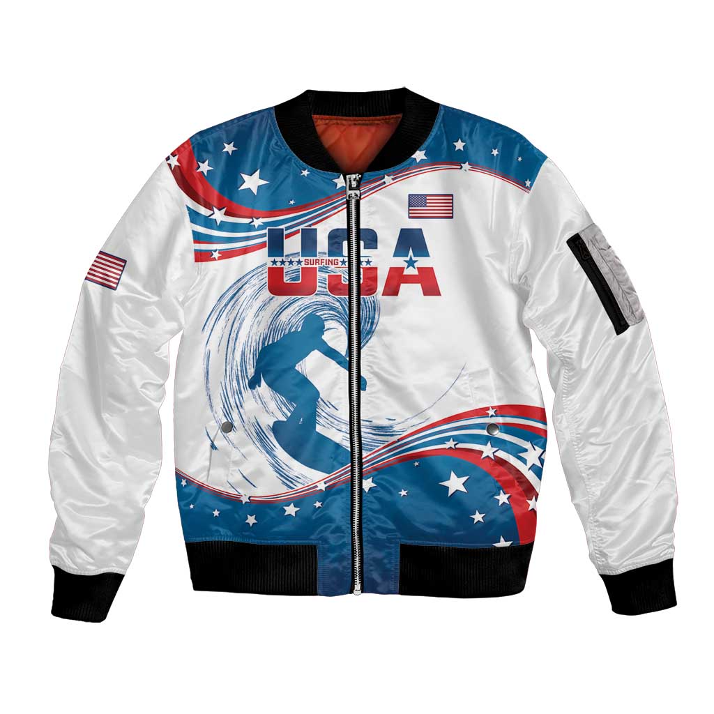 Personalized USA Surfing Sleeve Zip Bomber Jacket 2024 United States Flag Curve Style - Shopicos
