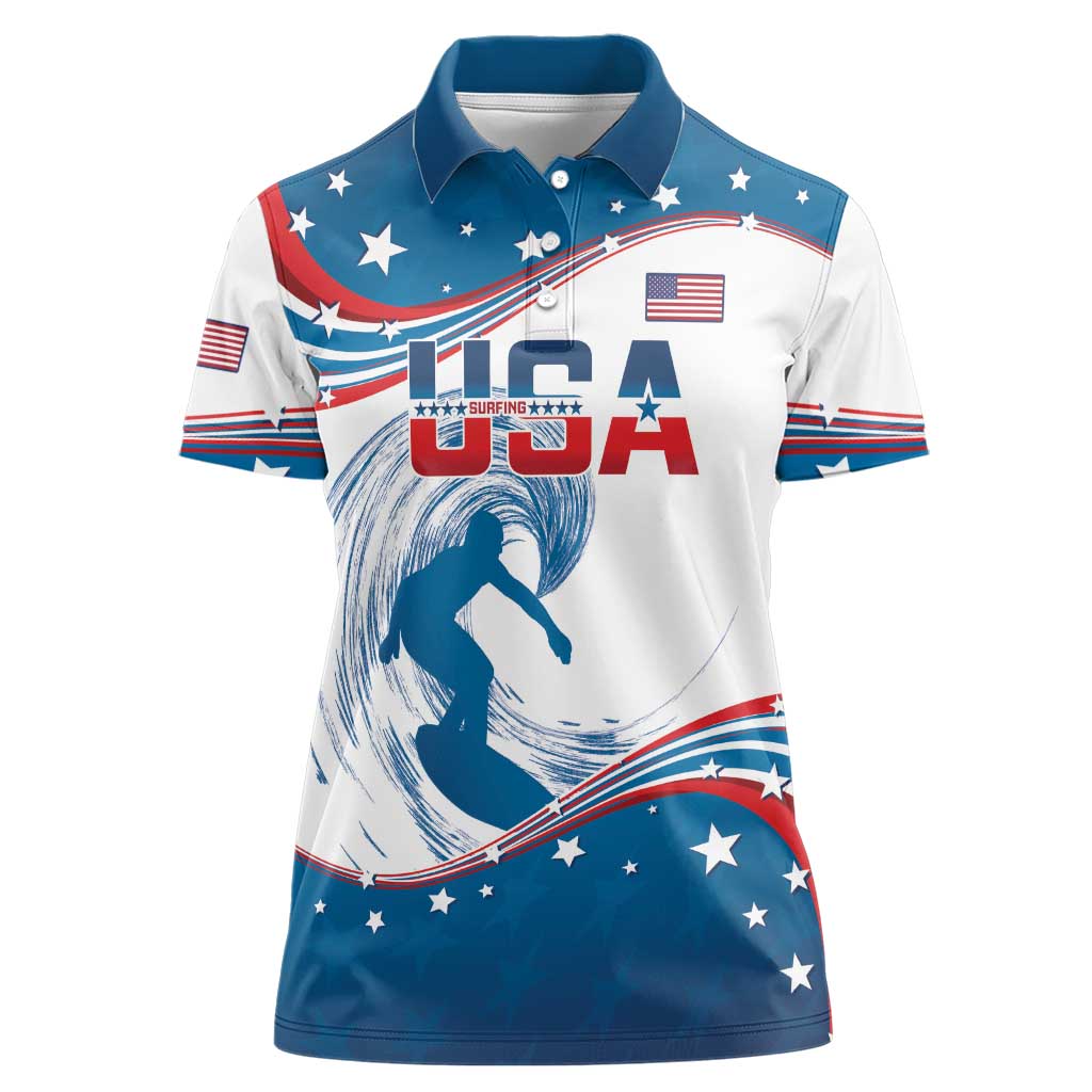 Personalized USA Surfing Women Polo Shirt 2024 United States Flag Curve Style - Shopicos