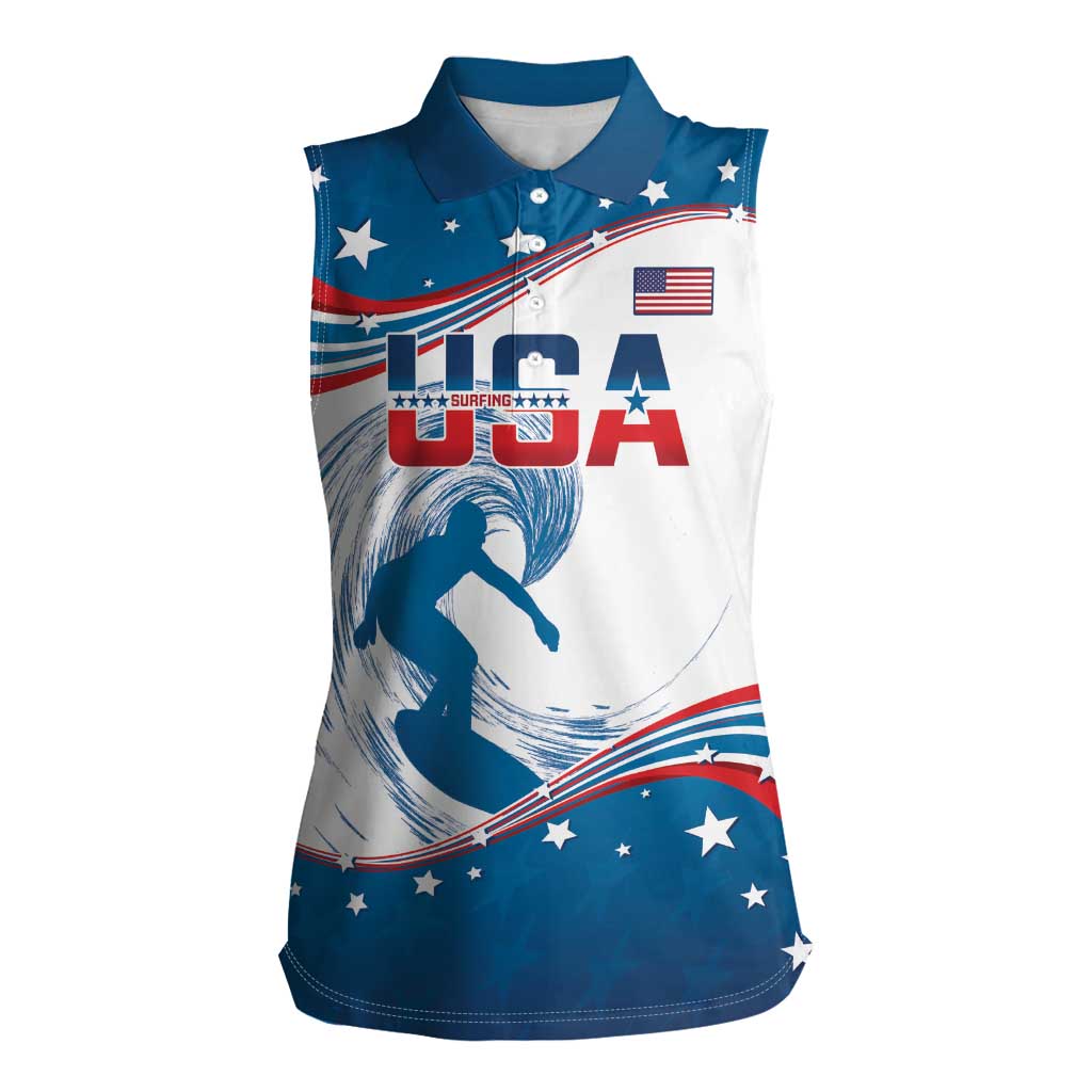 Personalized USA Surfing Women Sleeveless Polo Shirt 2024 United States Flag Curve Style - Shopicos