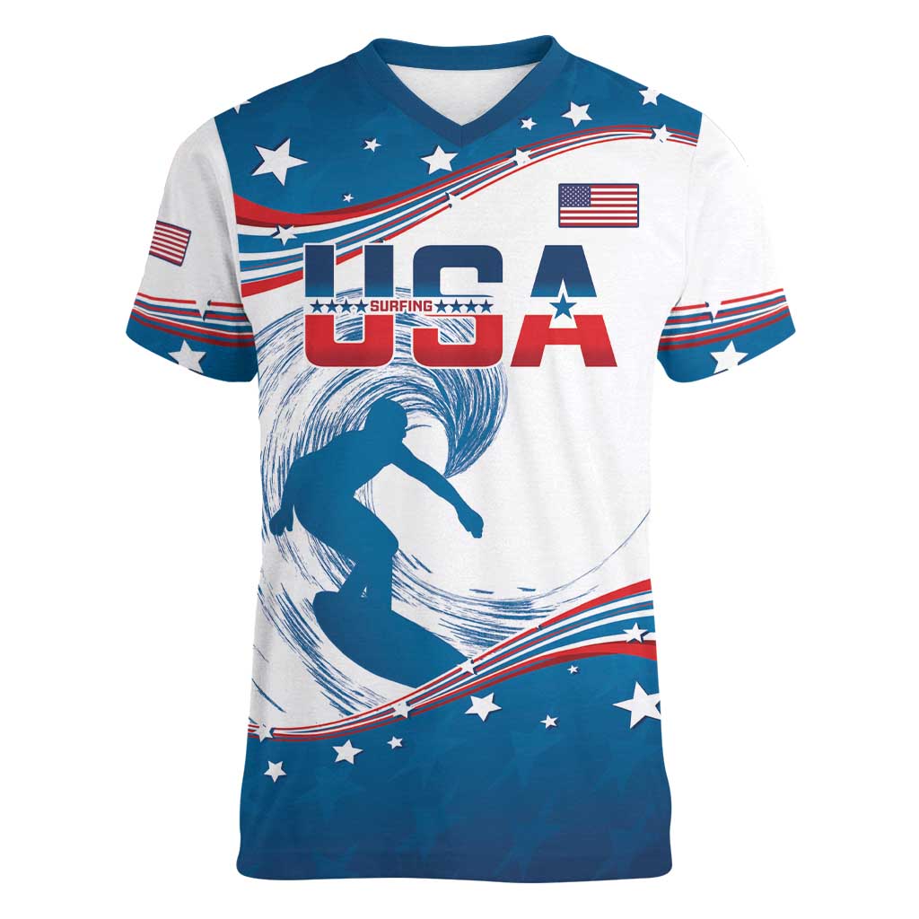 Personalized USA Surfing Women V-Neck T-Shirt 2024 United States Flag Curve Style - Shopicos