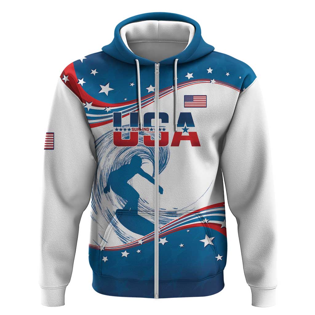 Personalized USA Surfing Zip Hoodie 2024 United States Flag Curve Style - Shopicos