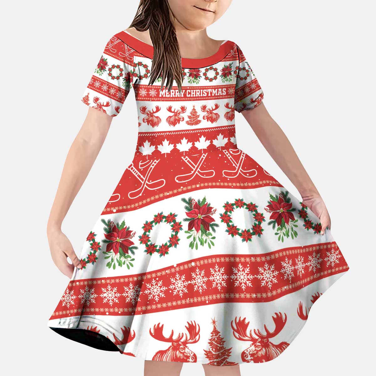 Personalised Canada Christmas Kid Short Sleeve Dress Canadian Moose Maple Leaf Seamless Style - Shopicos
