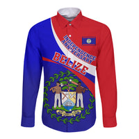 Belize Independence Day Long Sleeve Button Shirt Coat Of Arms Curve Style - Shopicos