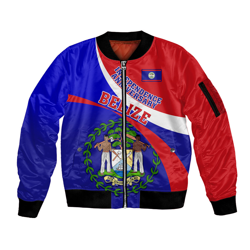 Belize Independence Day Sleeve Zip Bomber Jacket Coat Of Arms Curve Style - Shopicos