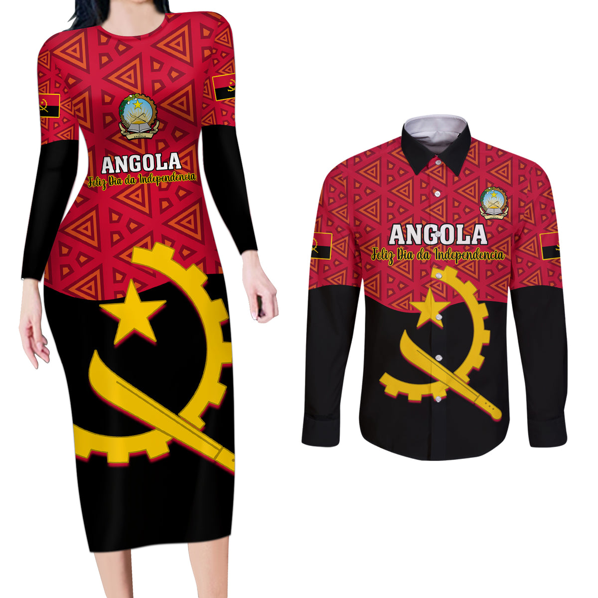 Personalised Angola Independence Day Couples Matching Long Sleeve Bodycon Dress and Long Sleeve Button Shirts Angolan Samakaka With Giant Sable Antelope - Shopicos