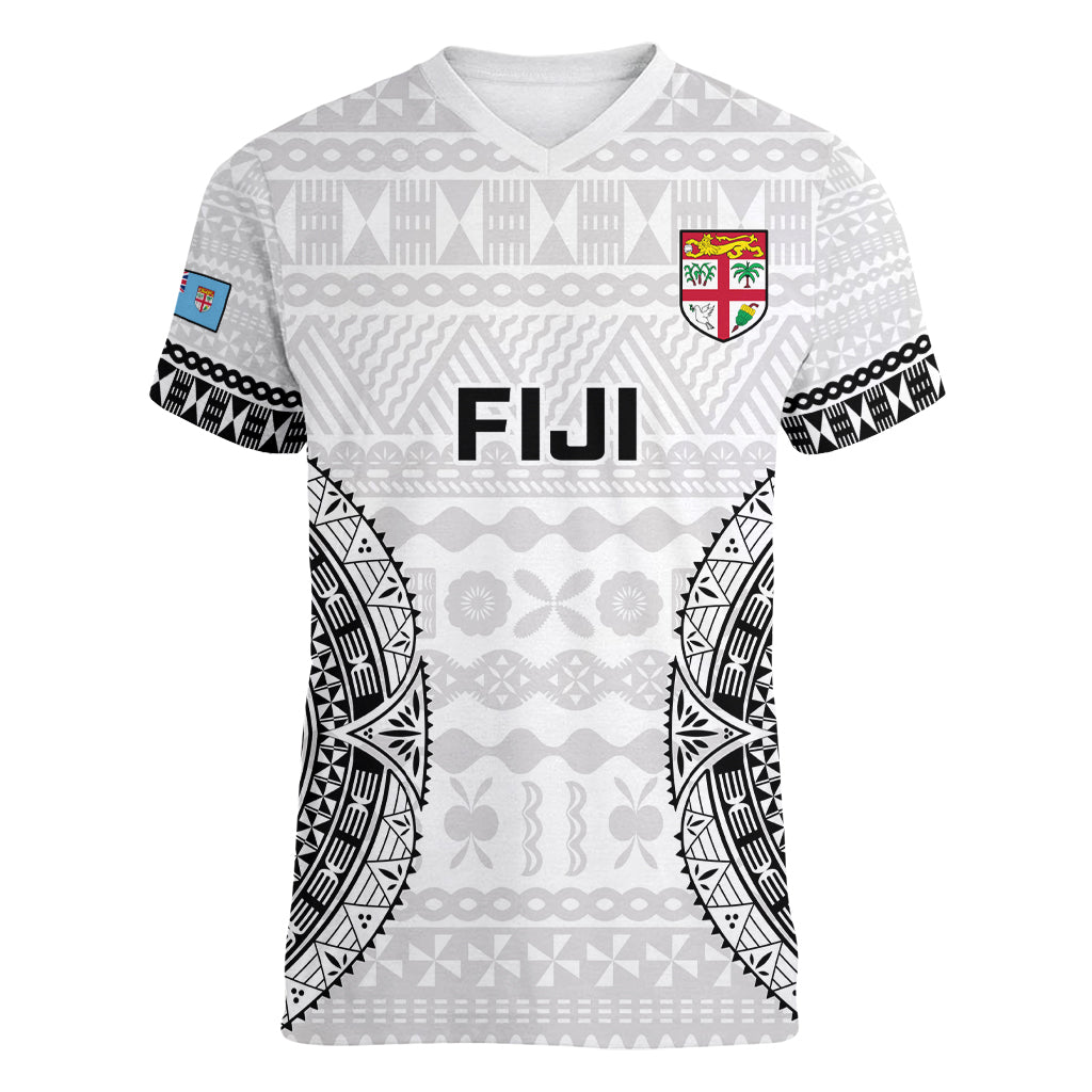 Personalised Fiji Rugby Women V Neck T Shirt 2023 Go Fijian Tapa Pattern World Cup - Shopicos