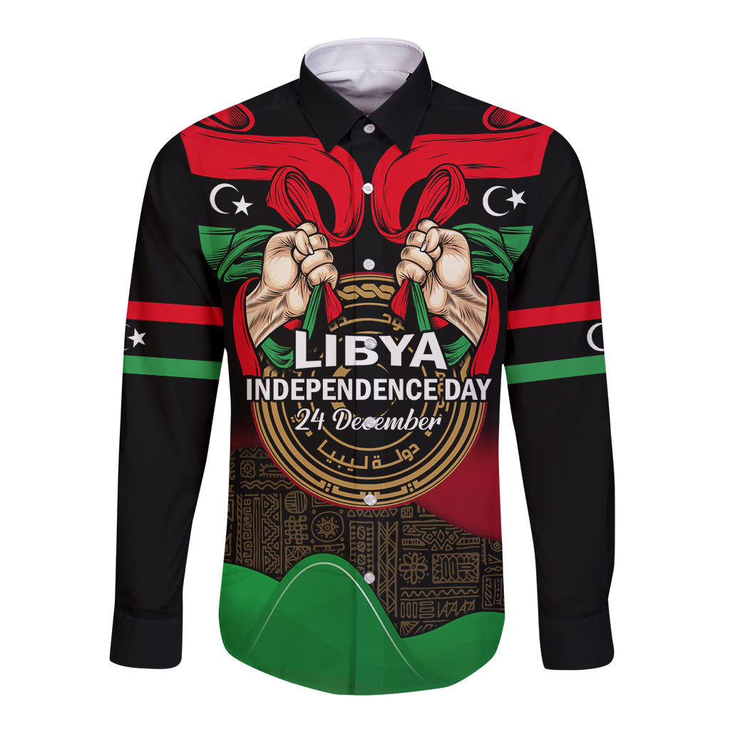 Libya Independence Day Long Sleeve Button Shirt Happy 24 December African Pattern Flag Style - Shopicos