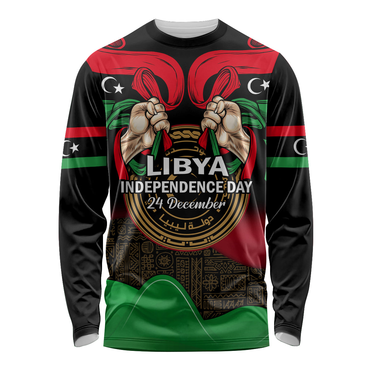 Libya Independence Day Long Sleeve Shirt Happy 24 December African Pattern Flag Style - Shopicos